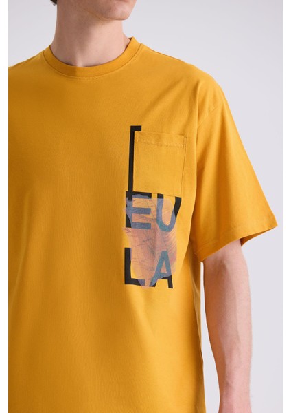 Sarı Over Size Yazı Baskılı Bisiklet Yaka T-Shirt