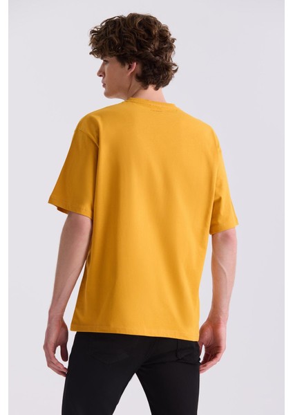 Sarı Over Size Yazı Baskılı Bisiklet Yaka T-Shirt