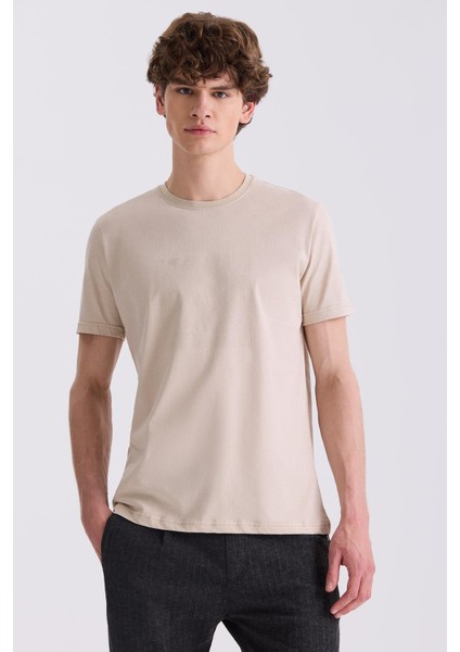 Bej Slim Fit Bisiklet Yaka T-Shirt