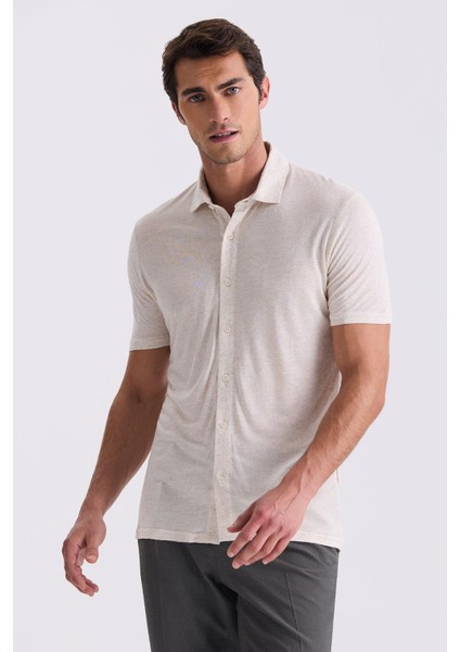 Bej Slim Fit Gömlek Yaka T-Shirt