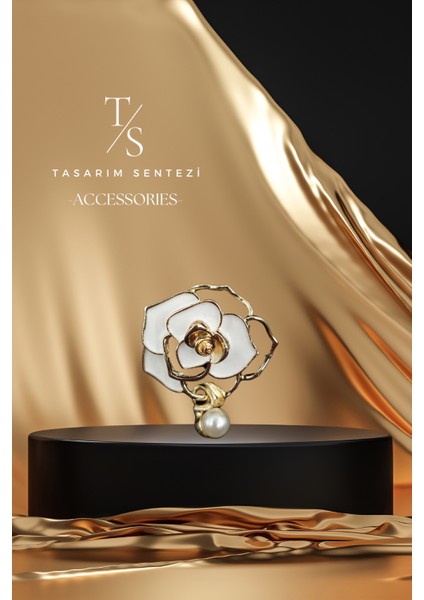 Broş Metal Rozet Gül Beyaz Incili Yaprak Yaka Kıyafet Şapka Takı Aksesuar Rosette Brooch