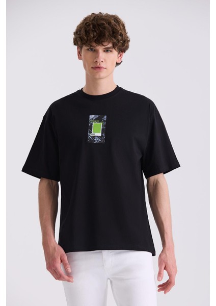 Siyah Over Size Baskılı Bisiklet Yaka T-Shirt