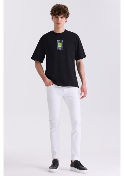 Siyah Over Size Baskılı Bisiklet Yaka T-Shirt