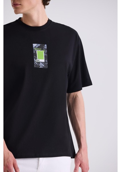 Siyah Over Size Baskılı Bisiklet Yaka T-Shirt