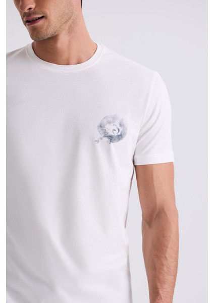 Ekru Slim Fit Bisiklet Yaka T-Shirt