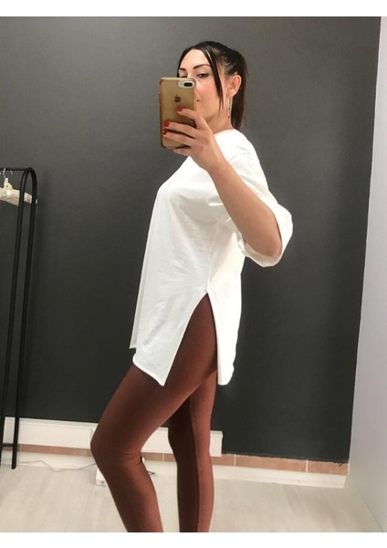 Beyaz Renk Bisiklet Yaka Yanı Yırtmaçlı Basic Kadın Tişört fiyatları