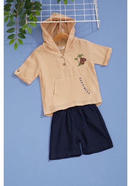 Bej Palmiye Baskılı Kanguru Cepli Erkek Bebek Şortlu Takım 18517