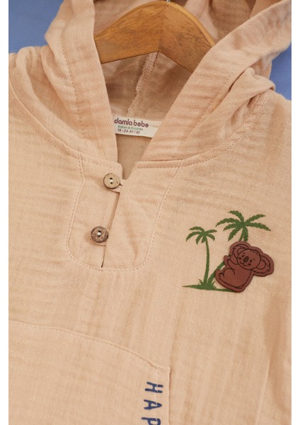 Bej Palmiye Baskılı Kanguru Cepli Erkek Bebek Şortlu Takım 18517 modelleri
