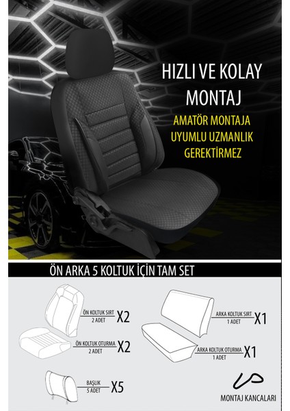 Hazar Siyah Üniversal Oto Koltuk Kılıfı- 5 Koltuk Tam Set