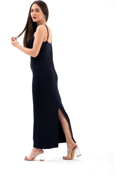 Ayarlanabilir Askılı Arkası Yırtmaçlı Elbise Lacivert fırsatları