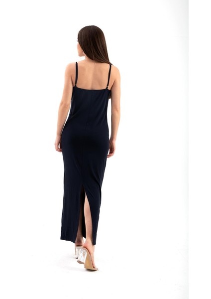 Ayarlanabilir Askılı Arkası Yırtmaçlı Elbise Lacivert indirimleri