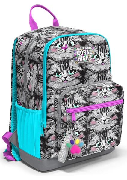 Dört Bölmeli Gri Kedi Desenli Okul Sırt Çantası