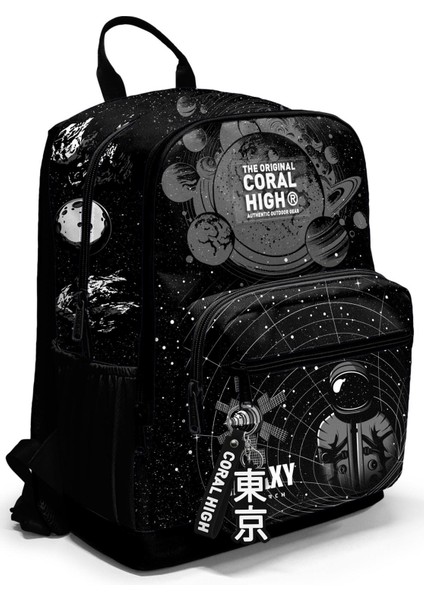 Dört Bölmeli Siyah Galaxy Desenli Okul Sırt Çantası