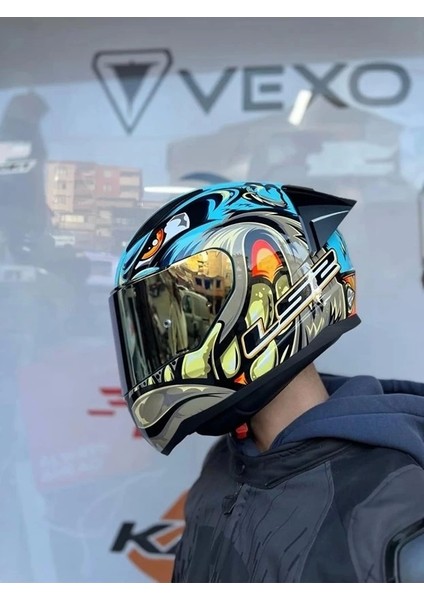 Rapıd 2 Race Neo Mavi-Sarı Kask+Spoıler+Gold Cam(Şeffaf+Gold Cam)