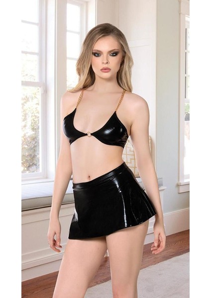 Zincir Askılı Siyah Deri Kısa Kadın Gecelik Sabahlık Seti fiyatları