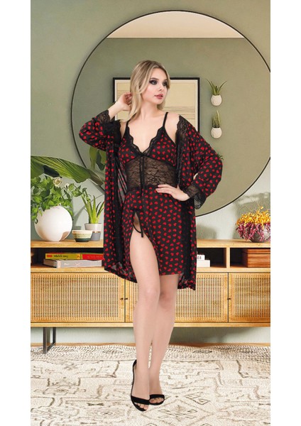 Secret Moda Kısa Desenli Dantel Ince Askılı Yırtmaçlı Rahat Kadın Gecelik Sabahlık Takımı