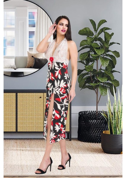 Boyun Askılı Derin Yırtmaçlı Beyaz Transparan Dantel Kadın Şık Sabahlık fiyatları