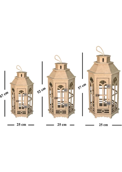 S.tkoleksiyonhobiantikaahşap Boyanabilir Mdf Altıgen Ayaklı Dekoratif Fener, Şamdan , Mumluk 3 Lü Set