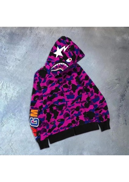 Unisex 2 Iplik Bape Kapüşonu Fermuarlı Hırka - Mor