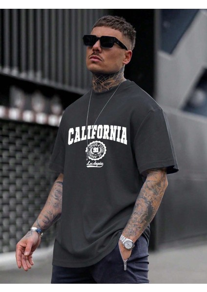 Erkek Füme California United State 91 Baskılı Oversize Tişört