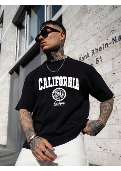 Erkek Siyah California United State 91 Baskılı Oversize Tişört