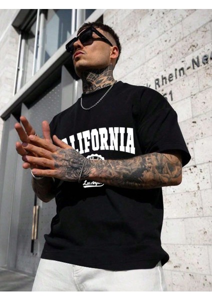 Erkek Siyah California United State 91 Baskılı Oversize Tişört