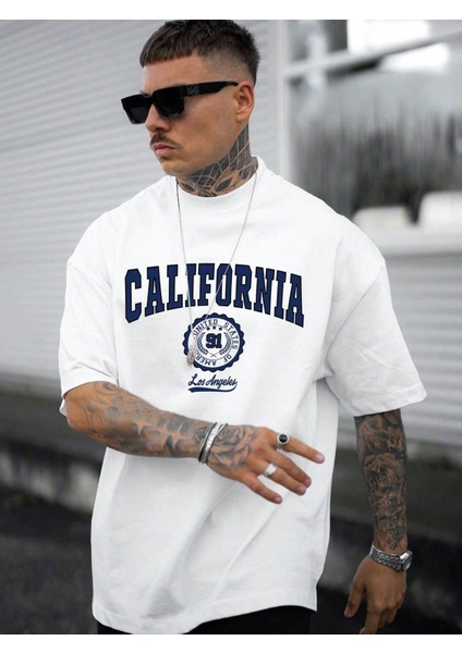 Erkek Beyaz California United State 91 Baskılı Oversize Tişört