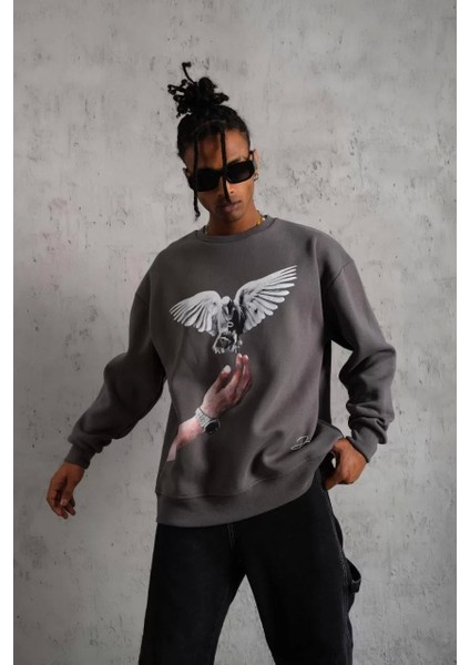 Erkek Güvercin Baskılı Sweatshirt - Gri