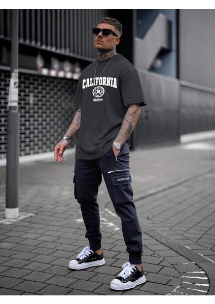 Erkek Füme California United State 91 Baskılı Oversize Tişört modelleri
