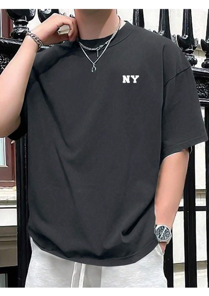 Erkek Füme Ny Baskılı Oversize Tişört