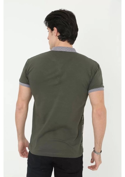 Erkek Yakalı Slim Fit Baskılı T-Shirt - Haki