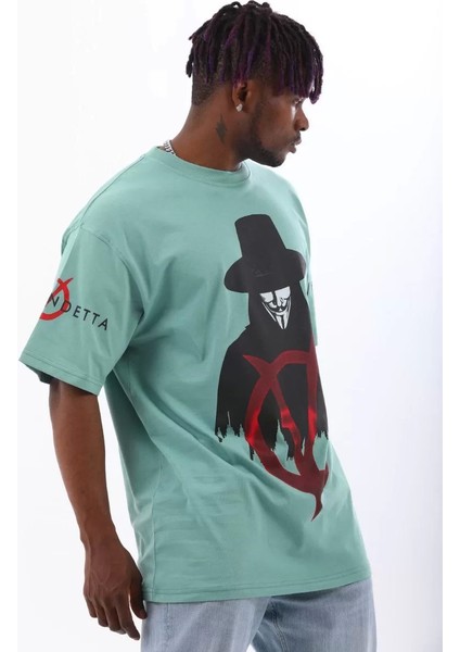 Unisex Oversize Baskılı Bisiklet Yaka T-Shirt - Mint Yeşili