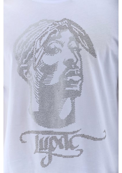 Unisex Oversize Taşlı Bisiklet Yaka T-Shirt - Beyaz