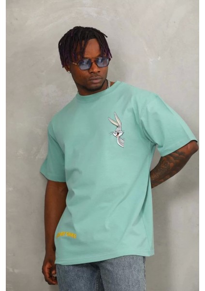 Unisex Oversize Baskılı Bisiklet Yaka T-Shirt - Mint Yeşili