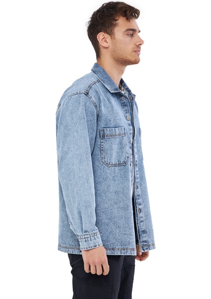 Mesfeno Erkek Gömlek Ceket, Oversize Kesim Kalın Kumaş, 2 Cep Detaylı, Pamuk, Metal Düğmeli Mavi Denim fırsatları