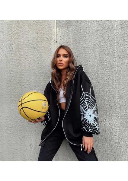 Kadın Bape Spider Baskılı Oversize Hırka - Siyah