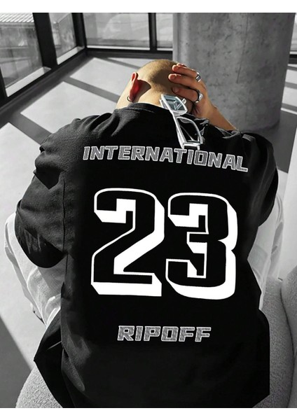 Erkek Siyah International 23 Baskılı Oversize Tişört