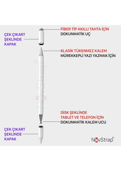 Novstrap Dokunmatik Kalem 3in1 Tüm Dokunmatik Cihazlarla Uyumlu Tablet Kalemi + Akıllı Tahta Kalemi