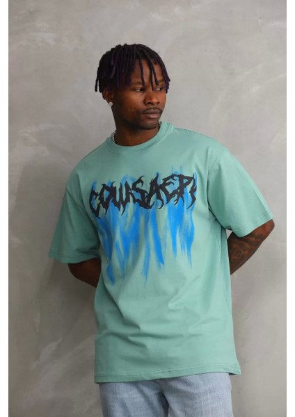 Unisex Baskılı Oversize T-Shirt - Mint Yeşili