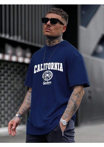 Erkek Lacivert California United State 91 Baskılı Oversize Tişört