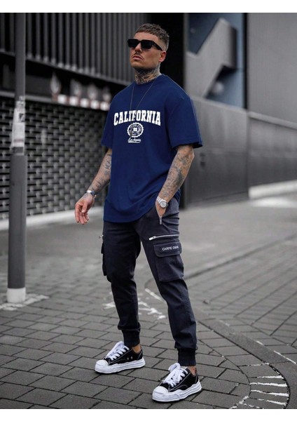 Erkek Lacivert California United State 91 Baskılı Oversize Tişört