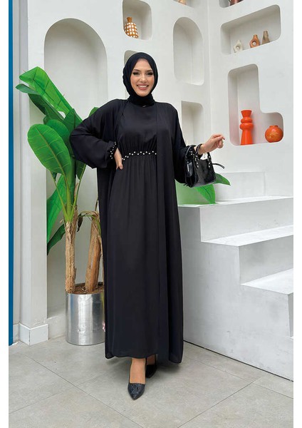 Bel Bilek Kısımları Taşlı Elbiseli Abaya Takım 8490 Siyah