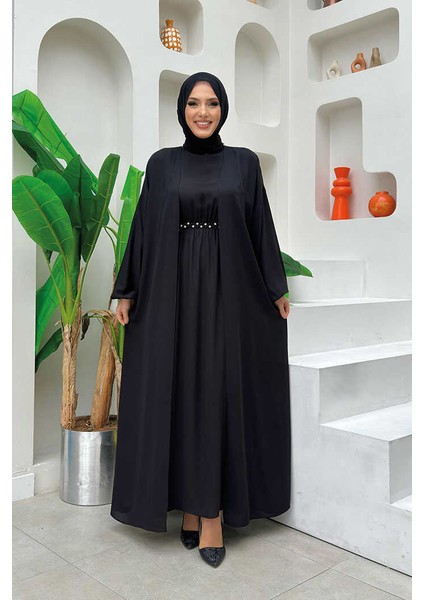 Bel Bilek Kısımları Taşlı Elbiseli Abaya Takım 8490 Siyah fiyatları