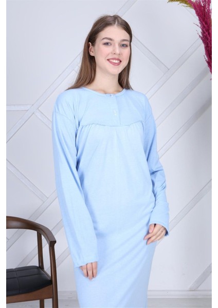 Pamuk Penye Battal Beden Düz Renk Gecelik Düğmeli Lohusa Geceliği