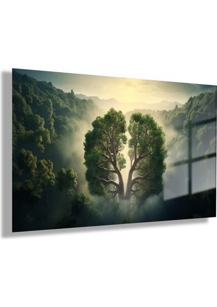 Temperli Gerçek Yatay Cam Tablo Yeşil Orman Manzarası ve Ağaç