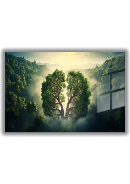 Temperli Gerçek Yatay Cam Tablo Yeşil Orman Manzarası ve Ağaç fiyatları