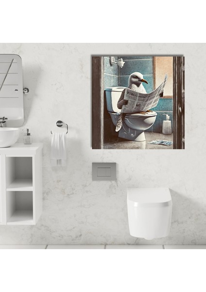 Tekli Kare Kanvas Banyo Tablosu Gazete Okuyan Martı Görseli