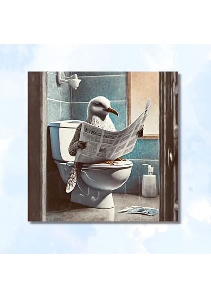 Tekli Kare Kanvas Banyo Tablosu Gazete Okuyan Martı Görseli