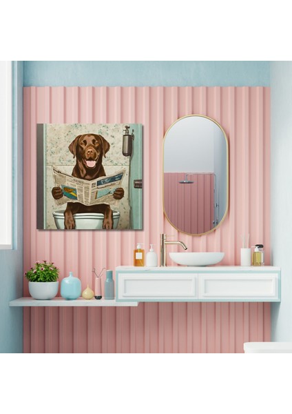 Tekli Kare Kanvas Banyo Tablosu Gazete Okuyan Çizgisel Labrador