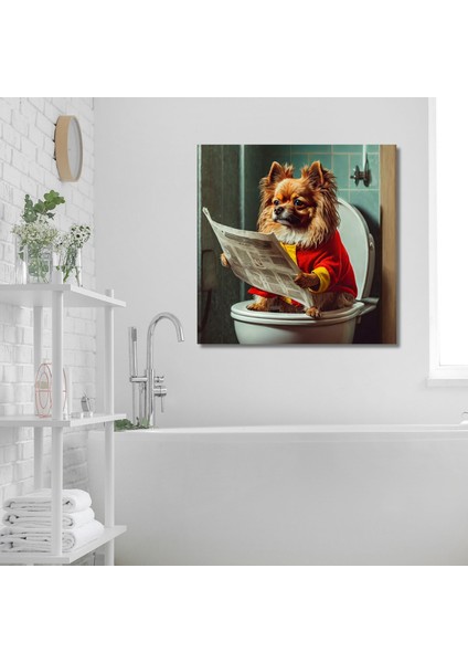 Tekli Kare Kanvas Banyo Tablosu Gazete Okuyan Formalı Pekinez
